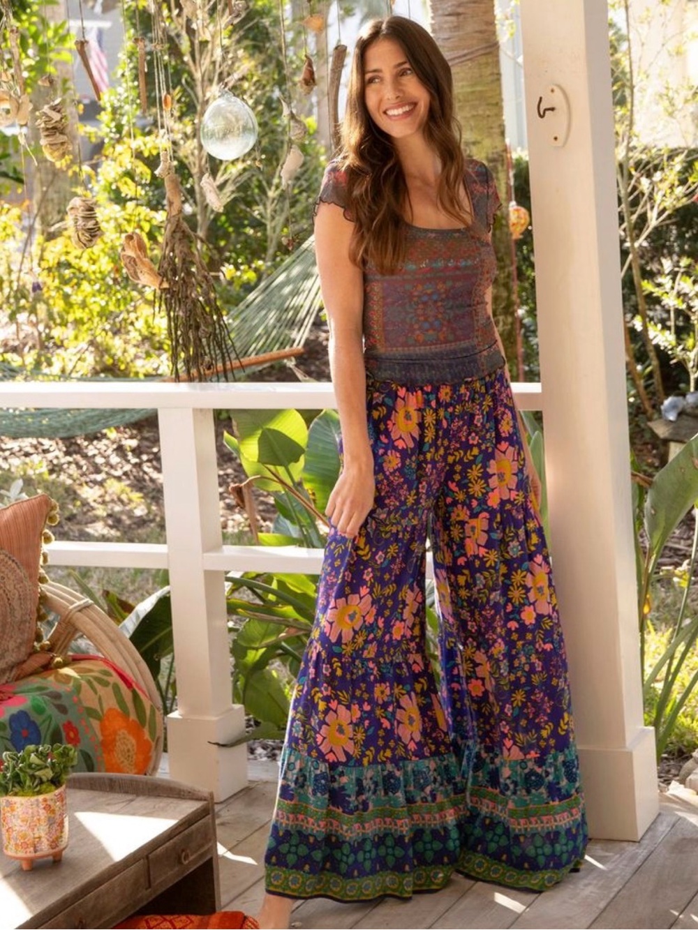 NATURAL LIFE  XS Boho Floral Palazzo Pants Wide-Leg Floral Summer Lightweight